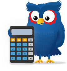 Barney the owl with a calculator in his hand